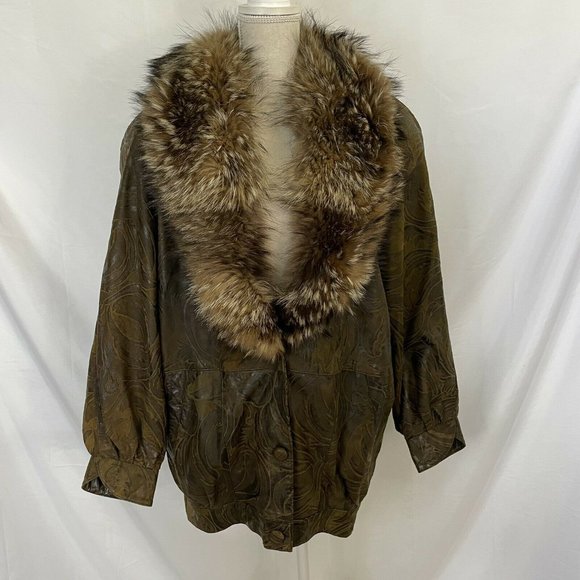 Northern Lights Bloomingdale's Fox Fur Collar Tooled Leather Jacket Small - Picture 1 of 10